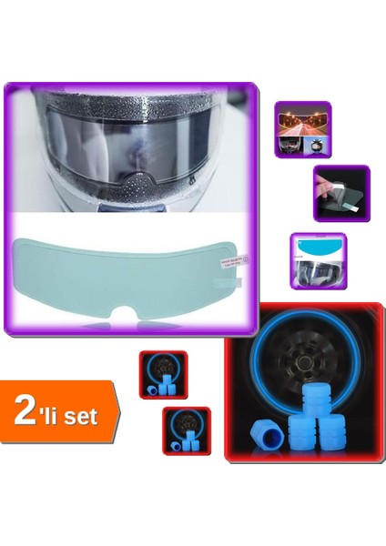 Su Geçirmez Kask Vizör Filmi Buğu Önleyici + 4'lü Mavi Fosforlu Sibop Kapak Set Z3K8P1