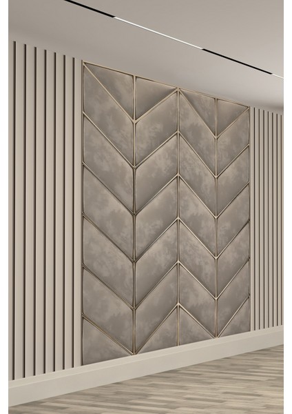 Chevron Desenli Gri ve Altın Çizgili Tek Parça Tekstil Duvar Kağıdı