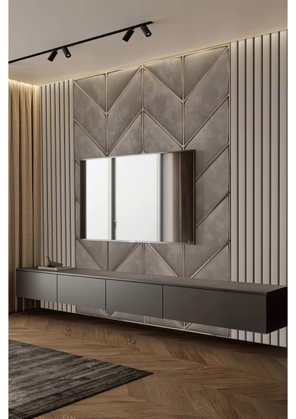 Chevron Desenli Gri ve Altın Çizgili Tek Parça Tekstil Duvar Kağıdı fiyatları