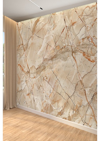 Lüks Bej Altın Damarlı Mermer Efektli Tek Parça Duvar Kağıdı
