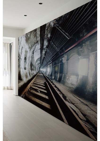 3D Tren Tüneli Derinlik Efektli Tek Parça Duvar Kağıdı