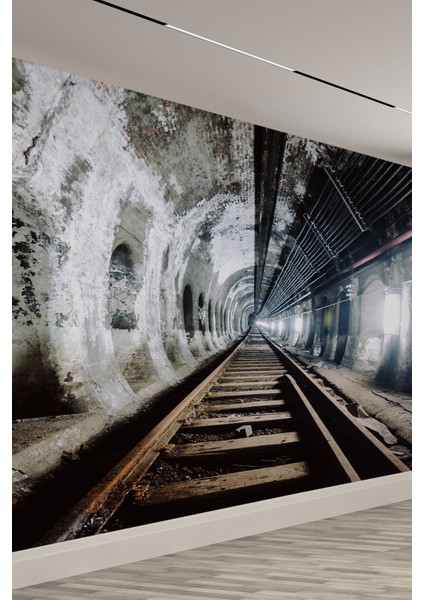 3D Tren Tüneli Derinlik Efektli Tek Parça Duvar Kağıdı fiyatları