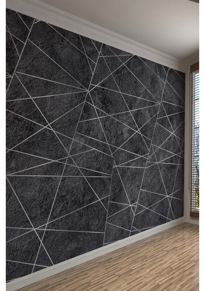 Geometrik Çizgili Siyah Beton Efektli Tekstil Duvar Kağıdı
