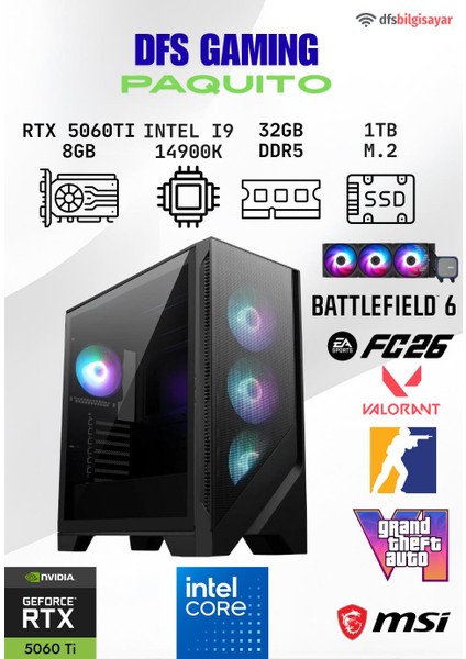 Dfs Gamıng Paquıto Intel I9 14900K-B760M Wıfı-Rtx 5060 Tı 8GB-32GB Ddr5 Ram-1tb M.2 Ssd-Oyuncu Bilgisayarı