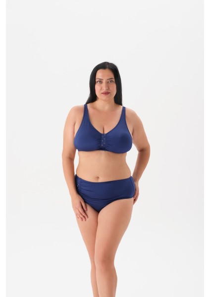 Büyük Beden Balensiz Toparlayıcı Lacivert Taşlı Bikini Takım