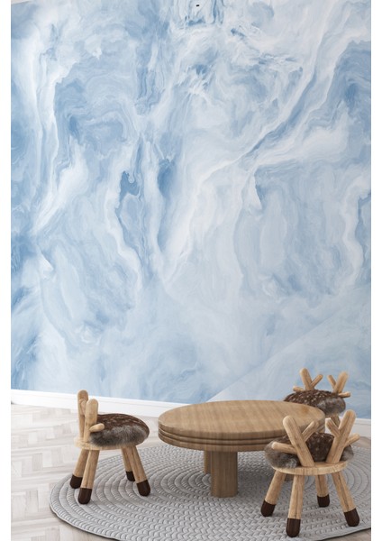 Bulut Efektli Soyut Mermer Görünümlü Mavi Tonlu Tekstil Duvar Kağıdı