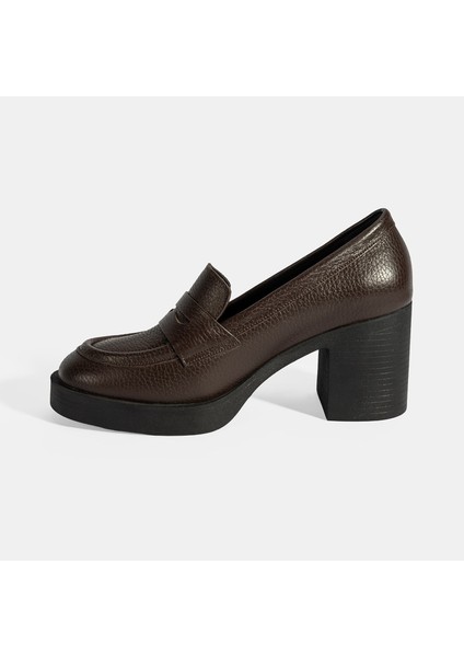 Kadın Kahve Kalın Topuklu Deri Loafer modelleri