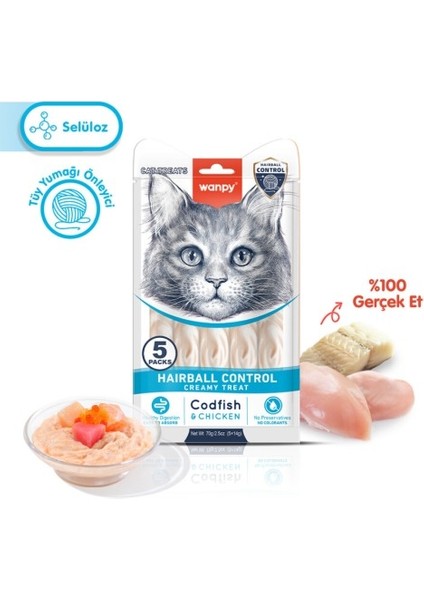 Wanpy Hairball Control Morina balığı&Tavuk F.Krema Kedi Ödül Mama