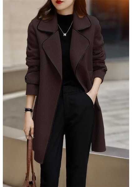 Kaşe Kadın Şık Yaka Kaban ve Kemer