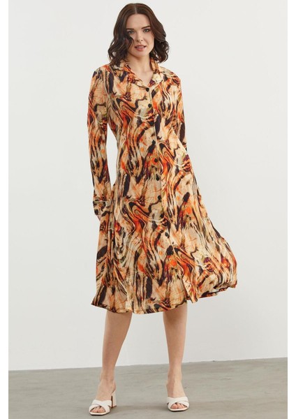 77421 Sementa Yaprak Desenli Renkli Gömlek Elbise