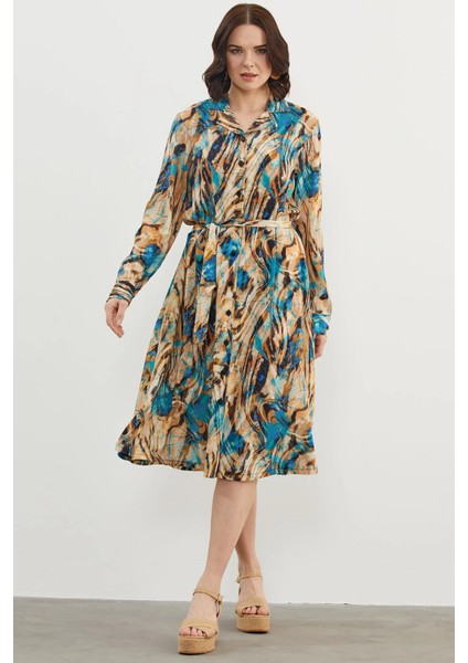 77421 Sementa Yaprak Desenli Renkli Gömlek Elbise