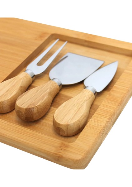 Doğal Bambu 4 Lü Peynir Sunum Seti Ahşap Sunum Tahtası, Paslanmaz Çelik Çatal, Bıçak, Spatula fiyatları
