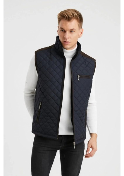 Erkek Lacivert Polar Astarlı Rahat Kalıp Kapitone Yelek 4480