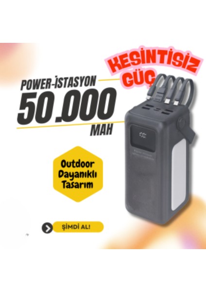 50000MAH Outdoor Powerbank | 22.5W Hızlı Şarj | Dahili 4 Kablo + Usb-C Çıkış