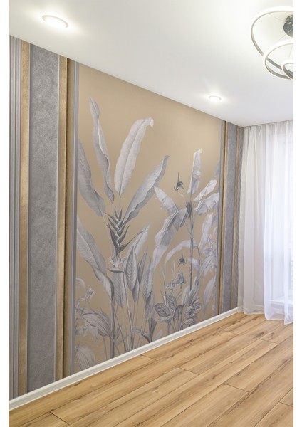 Bej Zemin Gri Tropikal Yapraklı Tek Parça Tekstil Duvar Kağıdı