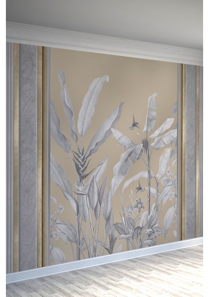 Bej Zemin Gri Tropikal Yapraklı Tek Parça Tekstil Duvar Kağıdı fiyatları