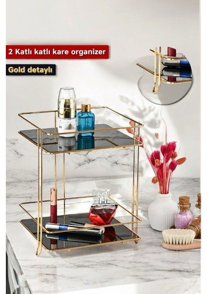 Iki Katlı Kare Banyo Kozmetik Takı Düzenleyici Çok Amaçlı Organizer Gold