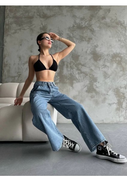 Kadın Palazzo Jeans Pantolon - Mavi