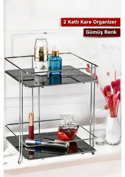 Iki Katlı Kare Banyo Kozmetik Takı Düzenleyici Çok Amaçlı Organizer Gümüş