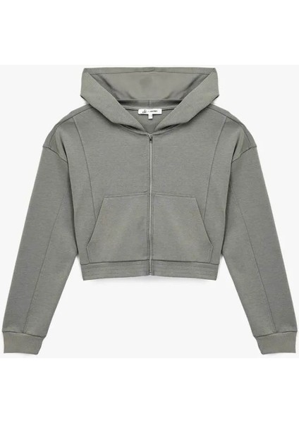 Fermuarlı Kapüşonlu Crop Gri Kadın Sweatshirt 6WAL10483IK
