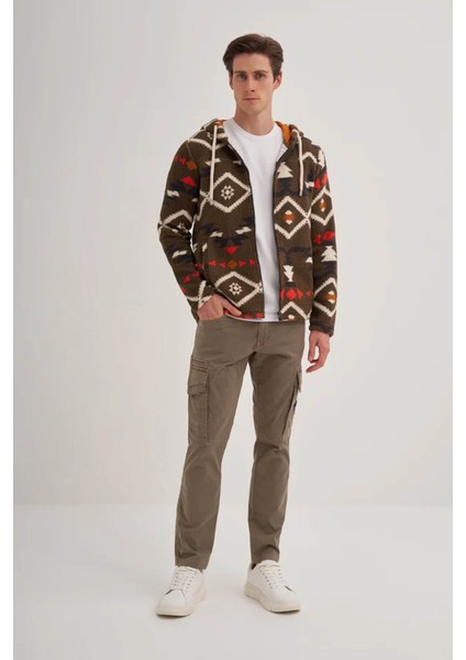 Vintage Desenli Kürklü Regular Fit Kapüşonlu Haki Erkek Hırka 50940 fiyatları