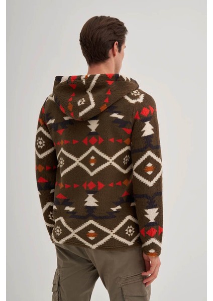 Vintage Desenli Kürklü Regular Fit Kapüşonlu Haki Erkek Hırka 50940 modelleri