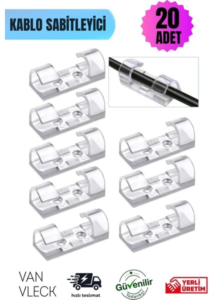 Kutlu 20’li Şeffaf Kablo Tutucu Klips – Usb, Şarj ve Veri Kablosu Gizleme & Sabitleme Aparatı