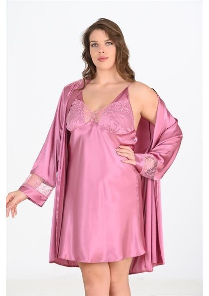 Büyük Beden 2li Gülkurusu Sabahlık Takımı Bigsize 6204