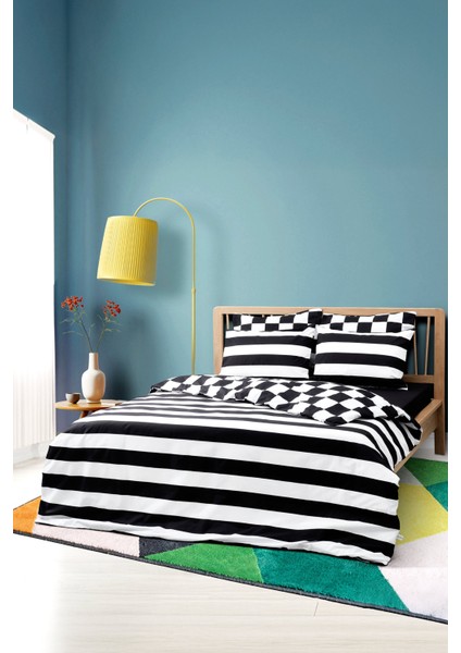 Mono Çift Kişilik Lastikli Çarşaflı Nevresim Takımı Code Siyah