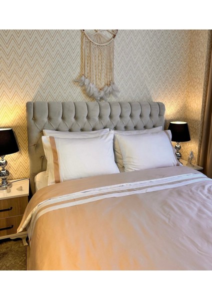 Bej Şeritli Beyaz Renkli Pamuk-Saten Yorgan Kılıfı