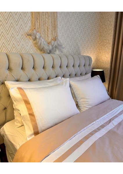 Bej Şeritli Beyaz Renkli Pamuk-Saten Yorgan Kılıfı fiyatları