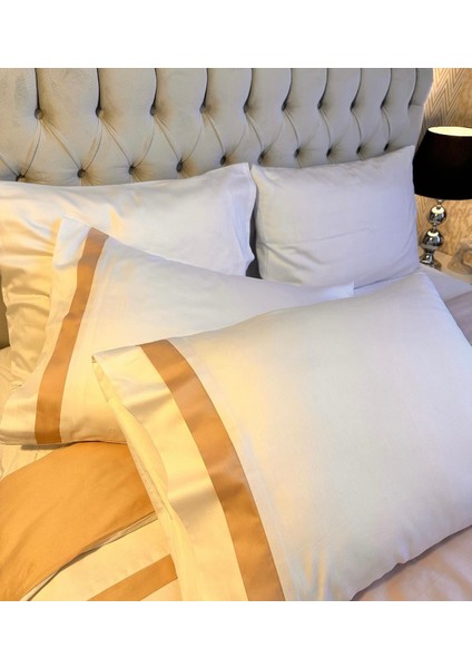 Bej Şeritli Beyaz Renkli Pamuk-Saten Yorgan Kılıfı modelleri