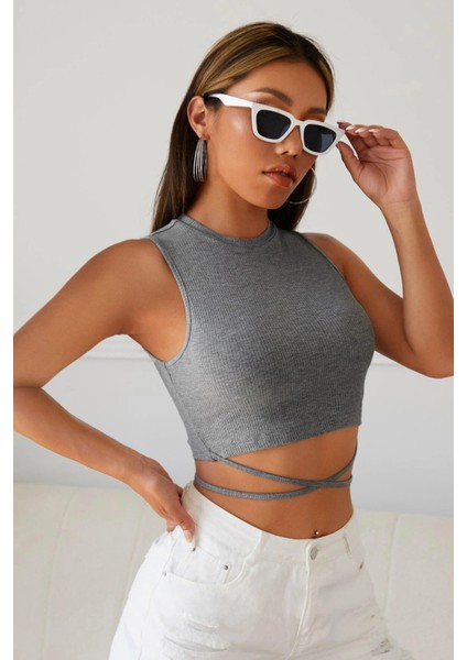 Kadın Gri Çapraz Bağlamalı Crop Top Büstiyer
