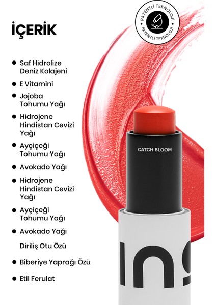 Catch Bloom Lip Cheek Stick Daylily 8,77 gr + Catch Glow Nemlendirici Krem (Altın/bronz)+ Ino Makyaj Çantası