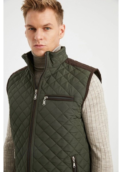 Erkek Haki Polar Astarlı Rahat Kalıp Kapitone Yelek 4480