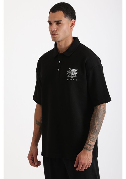 Göğüs Mykonos Nakış Detaylı Double Pike Kumaş Loose Fit Erkek Polo Yaka Tişört