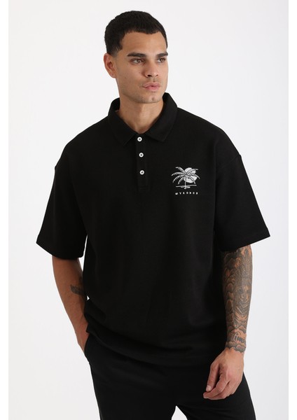 Göğüs Mykonos Nakış Detaylı Double Pike Kumaş Loose Fit Erkek Polo Yaka Tişört