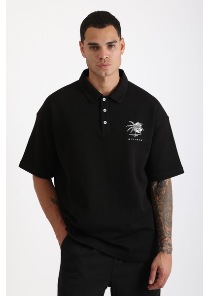Göğüs Mykonos Nakış Detaylı Double Pike Kumaş Loose Fit Erkek Polo Yaka Tişört