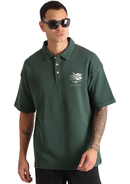 Göğüs Mykonos Nakış Detaylı Double Pike Kumaş Loose Fit Erkek Polo Yaka Tişört