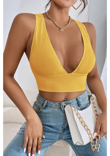 Kadın Sarı Çapraz Sırt Detaylı Şık Crop Top Büstiyer