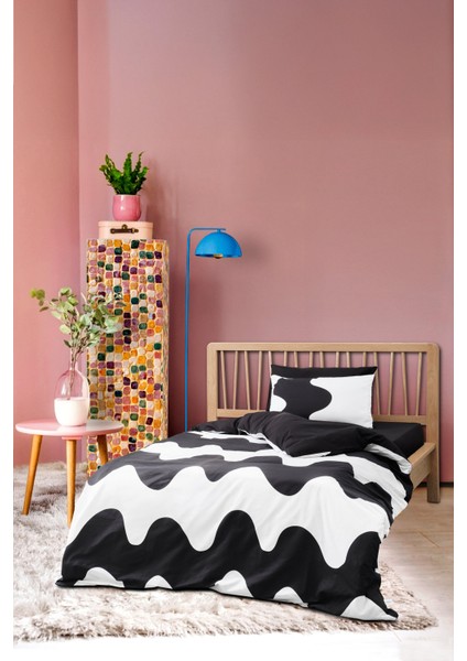 mono Tek Kişilik Lastikli Çarşaflı Nevresim Takımı Flow Siyah