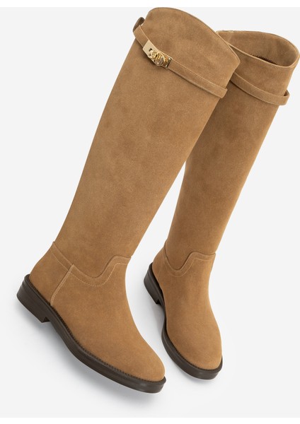 Kadın Tokalı Binici Günlük Çizme Velote Taba Süet