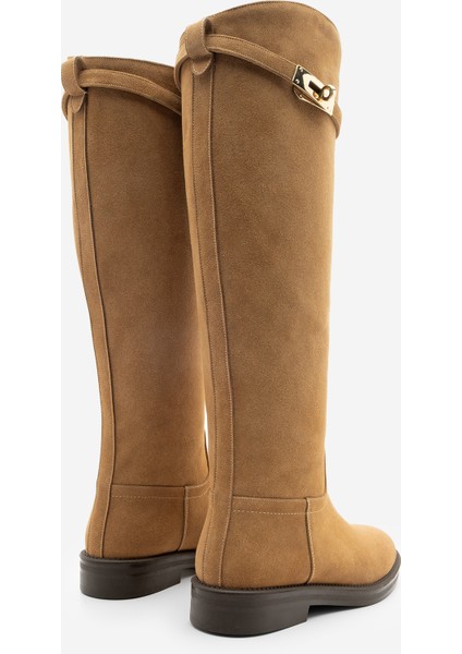 Kadın Tokalı Binici Günlük Çizme Velote Taba Süet