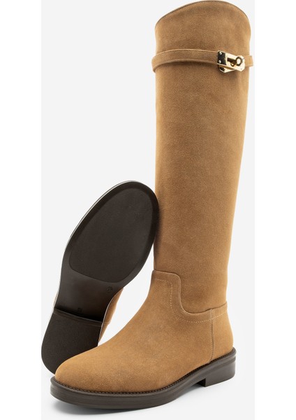 Kadın Tokalı Binici Günlük Çizme Velote Taba Süet