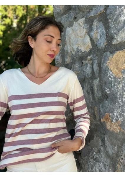 NC20251 Italyan Yatay Çizgili V Yaka Triko Bluz Vişne