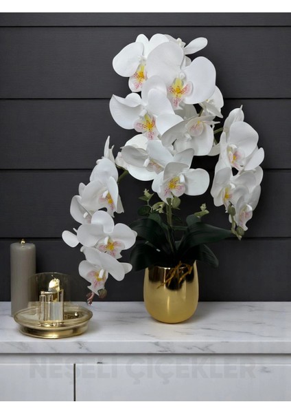 Yapay Çiçek Beyaz Islak Orkide 3 Dallı Lüks Gold Metal Saksıda 55 cm Dekoratif Hediye Çiçek