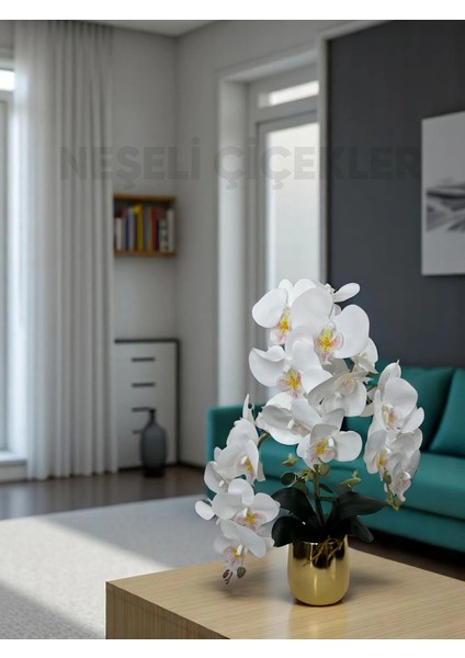 Yapay Çiçek Beyaz Islak Orkide 3 Dallı Lüks Gold Metal Saksıda 55 cm Dekoratif Hediye Çiçek fiyatları