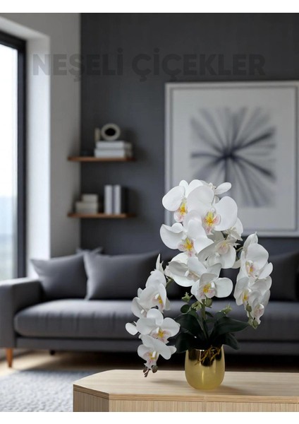 Yapay Çiçek Beyaz Islak Orkide 3 Dallı Lüks Gold Metal Saksıda 55 cm Dekoratif Hediye Çiçek modelleri