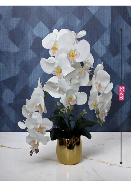 Yapay Çiçek Beyaz Islak Orkide 3 Dallı Lüks Gold Metal Saksıda 55 cm Dekoratif Hediye Çiçek fırsatları
