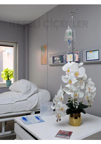 Yapay Çiçek Beyaz Islak Orkide 3 Dallı Lüks Gold Metal Saksıda 55 cm Dekoratif Hediye Çiçek